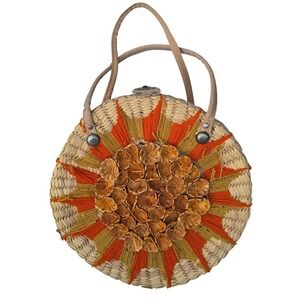 Vintage Round Woven Straw Basket Bag Raffia Floral Sunburst Boho 70s Handbag